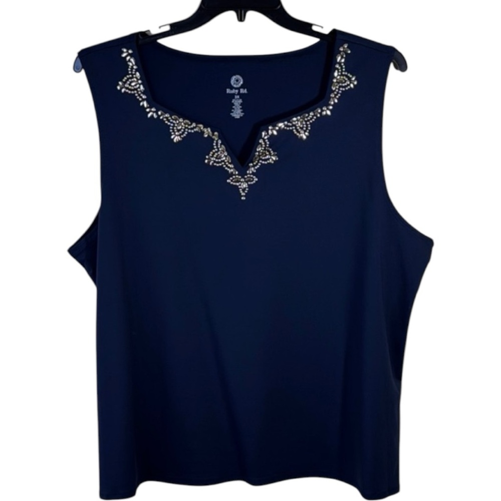 Ruby Rd. Top Navy Sleeveless Embellished Neckline‎ in Size 3X  NWT
